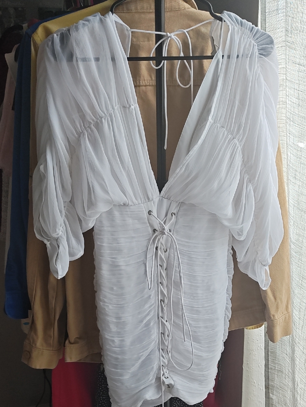 White Ruched Lace-Up V-Neck Women's Dress